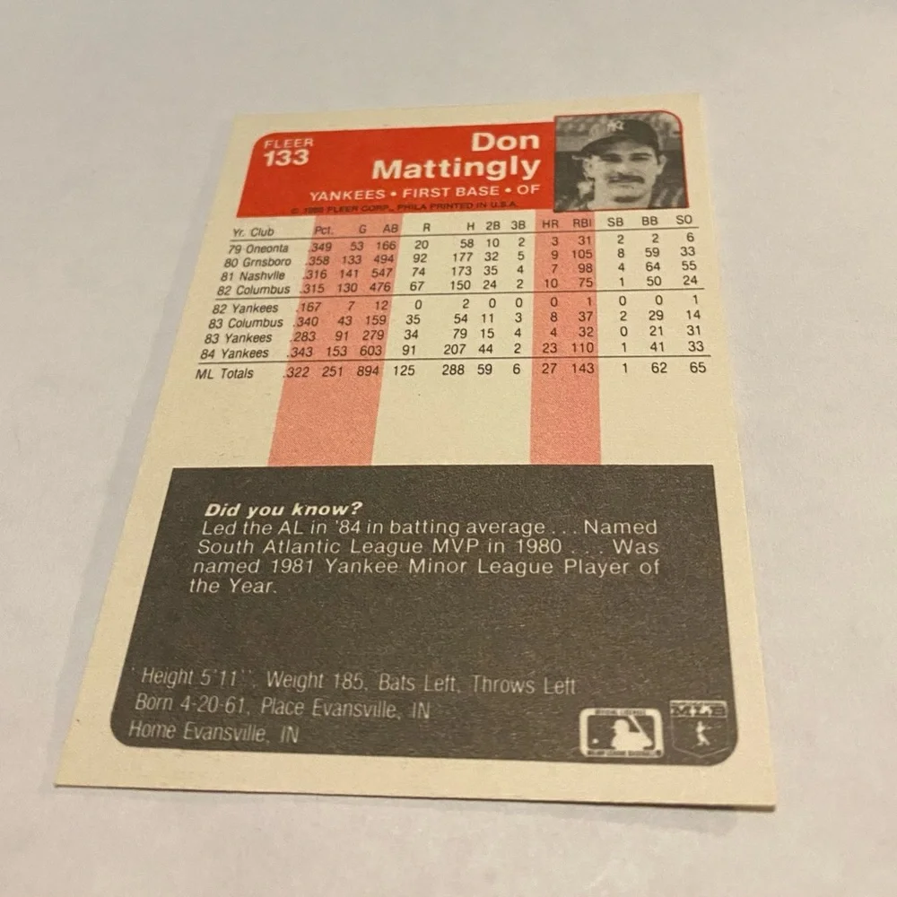 Don Mattingly 1985 Fleer Baseball Card -#133 New York Yankees Vintage